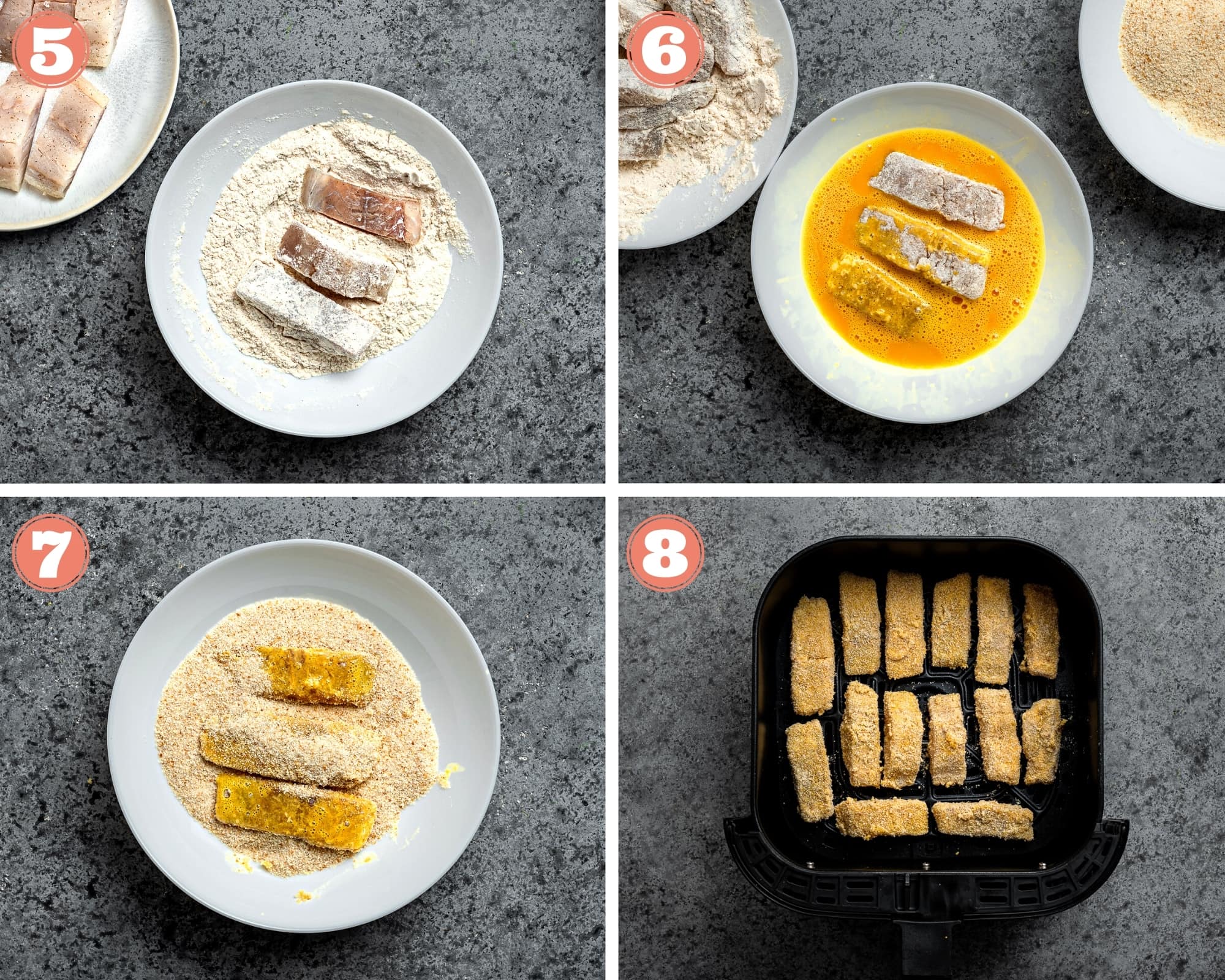 steps 5-8 for making fish sticks in the air fryer