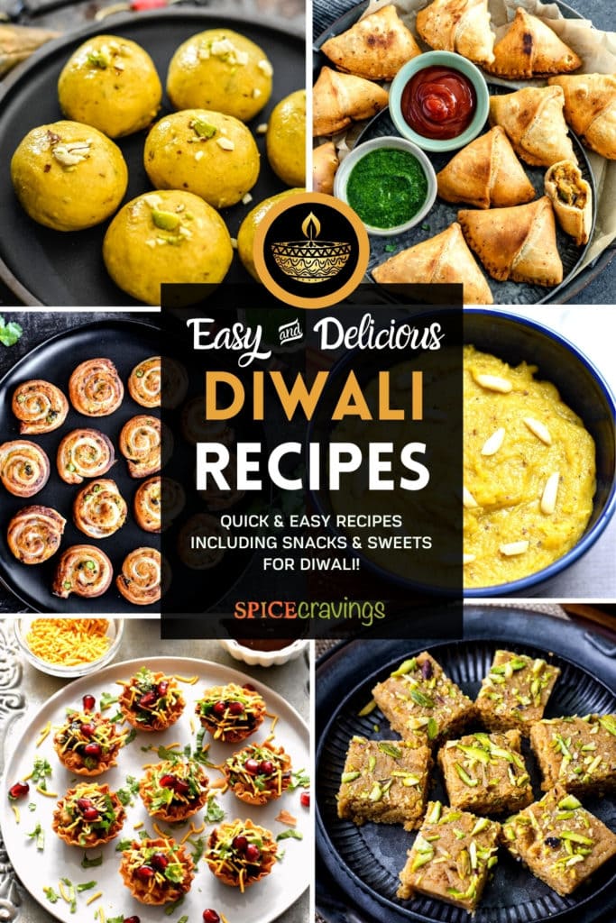 6-image collage of diwali recipes including ladoo, samosa, pinwheels, halwa, chaat and milk cake