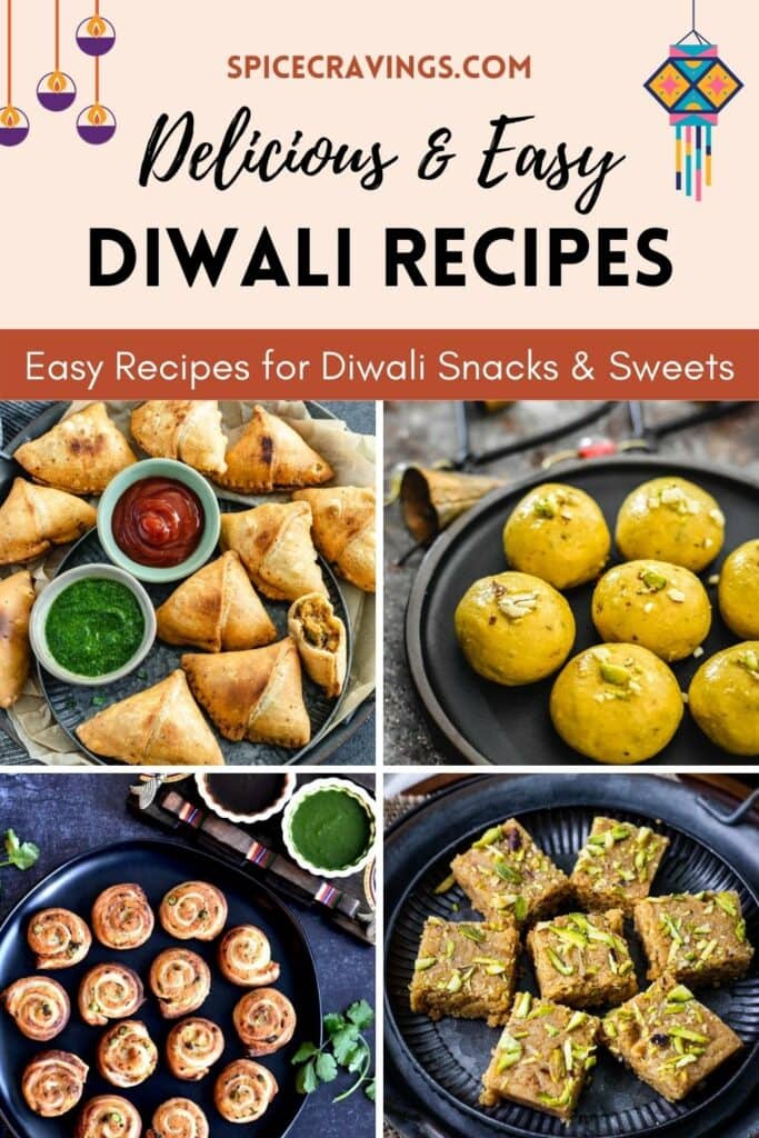 Poster of diwali recipes with 4-image collage featuring samosa, sweets