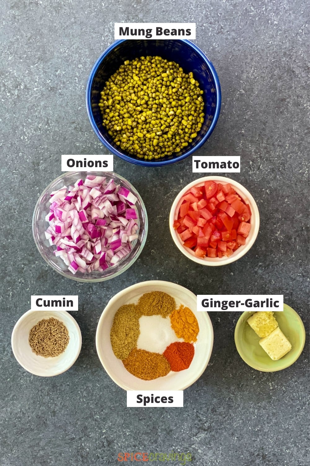 whole mung beans, red onion, diced tomato, cumin seeds, spices, garlic ginger paste