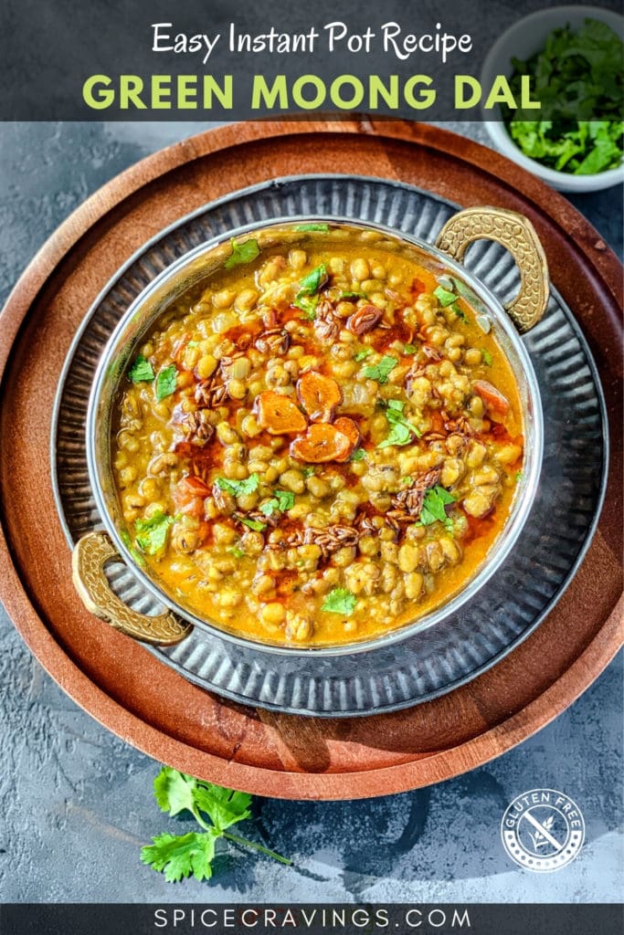 green lentil curry in bowl on brown plate