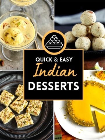 4-photo grid of Indian desserts including ladoo, kalakand, halwa and rasmalai