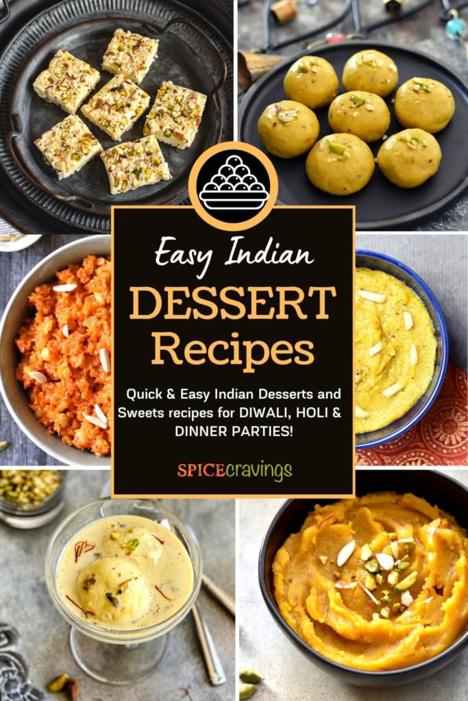 6-photo grid of Indian desserts including ladoo, kalakand, halwa and rasmalai