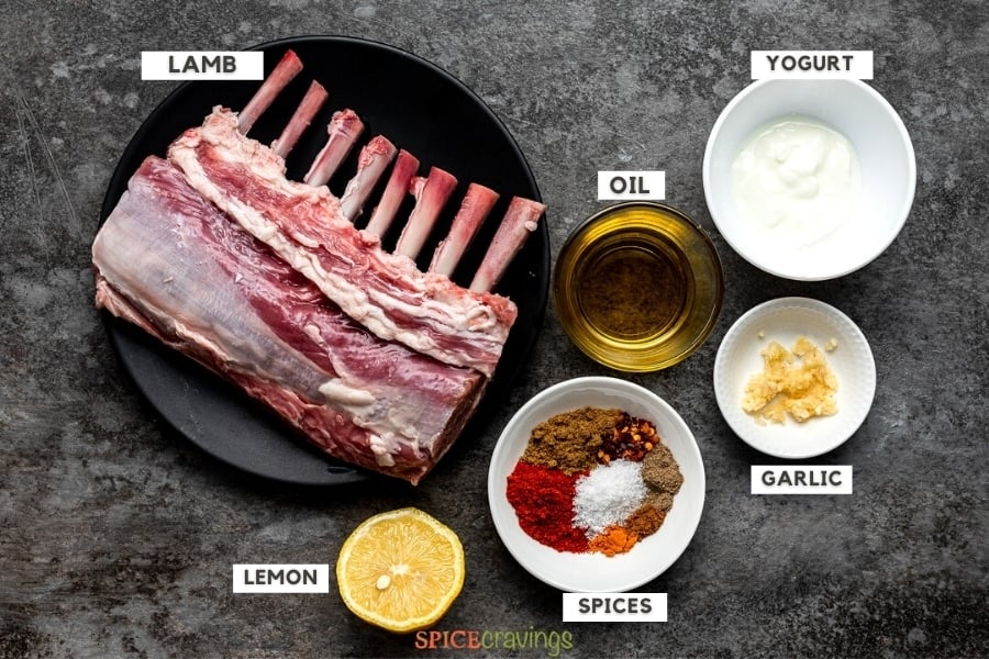 rack of lamb, lemon, spices, oil, yogurt, garlic