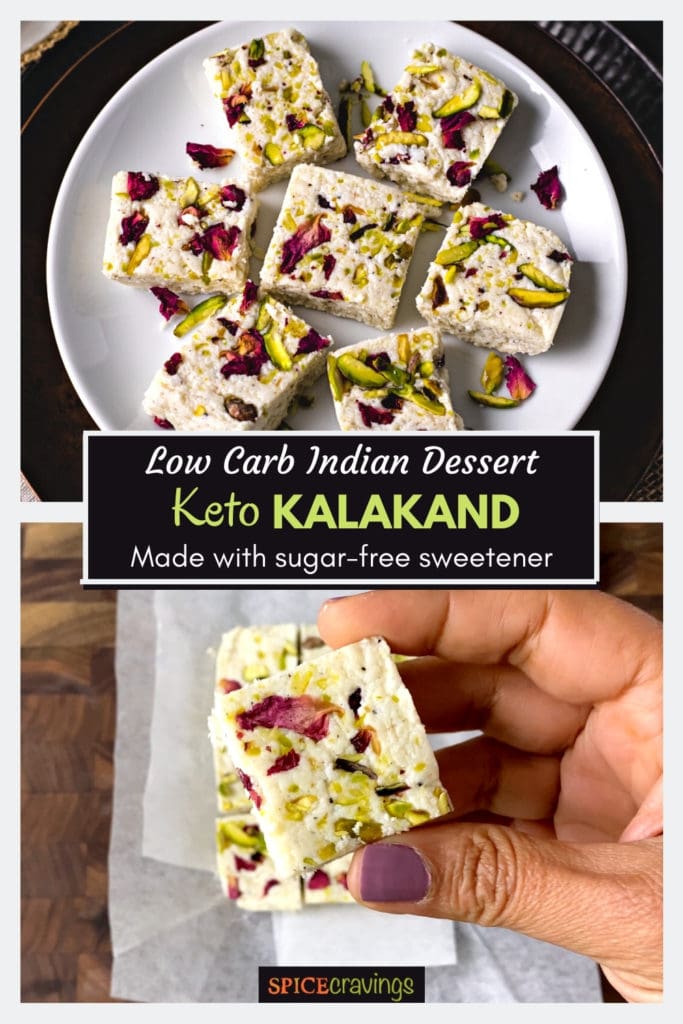 two pictures of keto kalakand titled "Low Carb Indian Dessert: Keto Kalakand. Made with sugar-free sweetener"