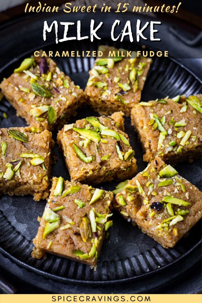 picture of milk cake squares on a plate titled "Indian Sweet in 15 minutes! Milk Cake: Caramelized Milk Fudge"