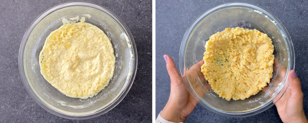 two pictures of milk cake ingredients being cooked in mixing bowl