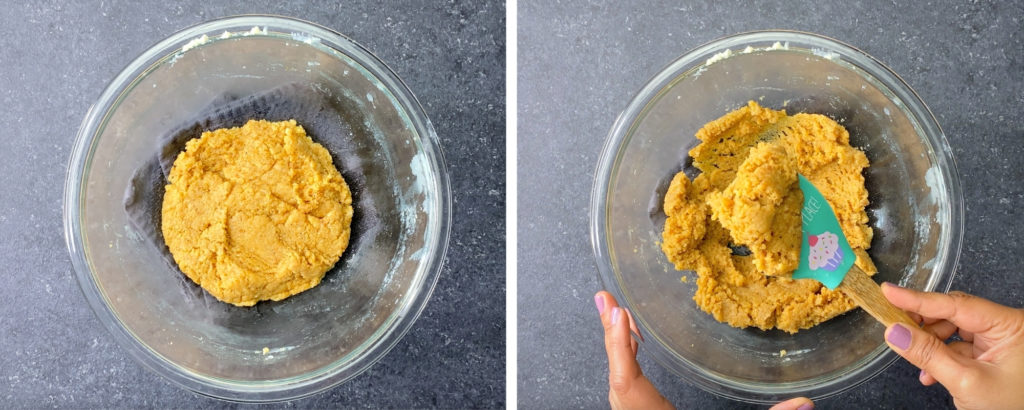 two pictures of cooked milk cake in mixing bowl