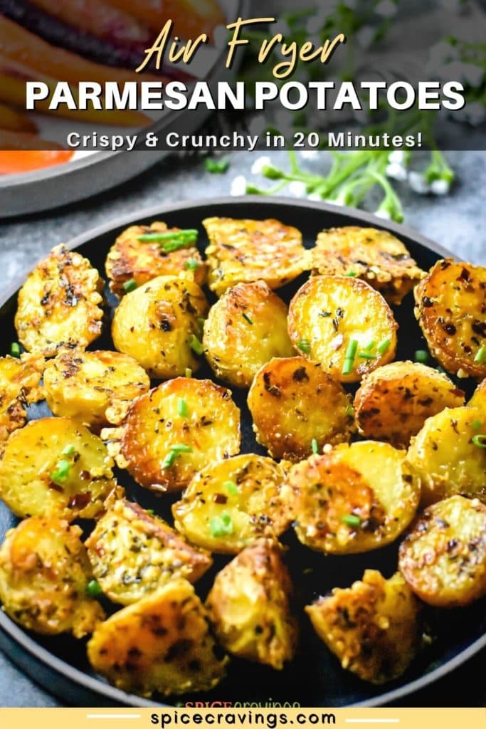 Pin image of parmesan roasted potatoes with title "air fryer Parmesan Potatoes"
