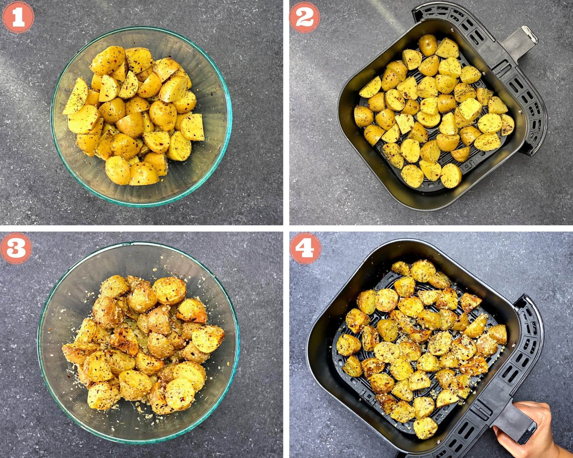 4-image grid showing steps 1-4 of cooking potatoes in the air fryer