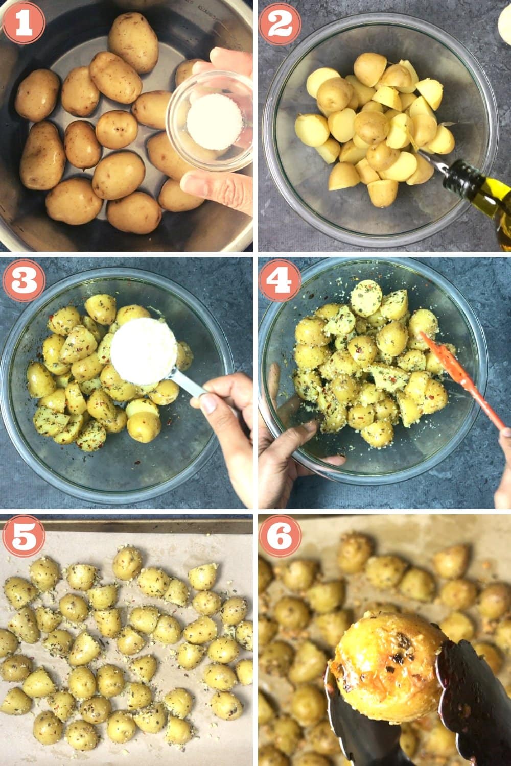 6-image grid showing steps to cook parmesan potatoes in an instant pot