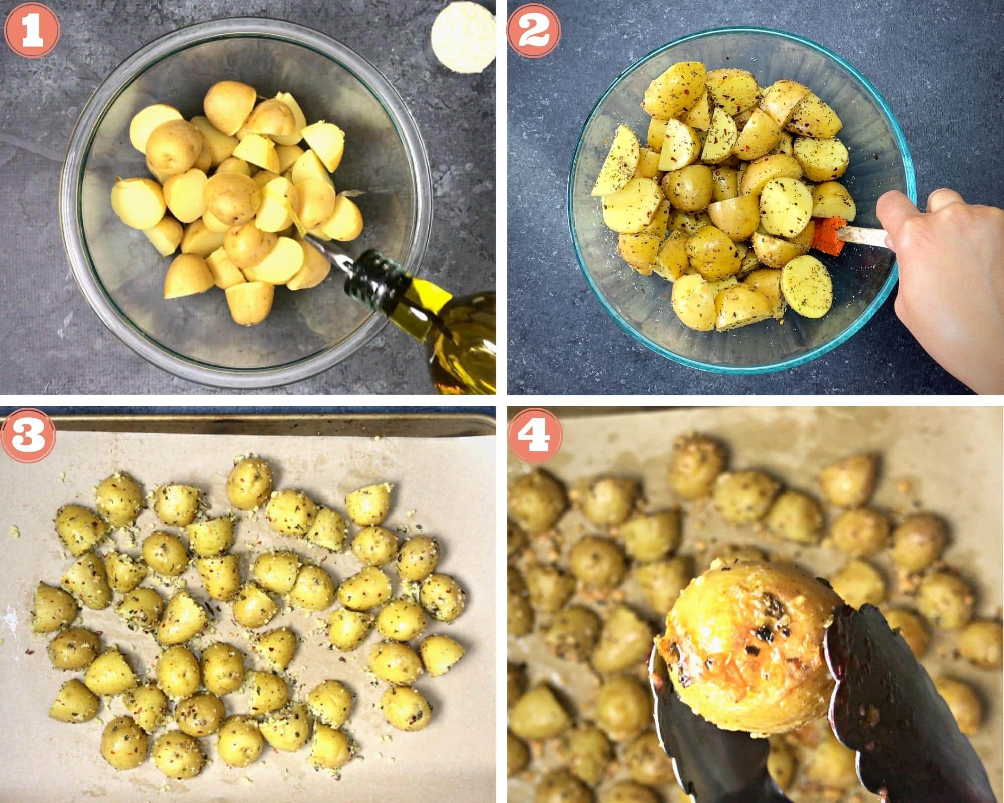 4-images showing steps for oven roasted potatoes with parmesan cheese