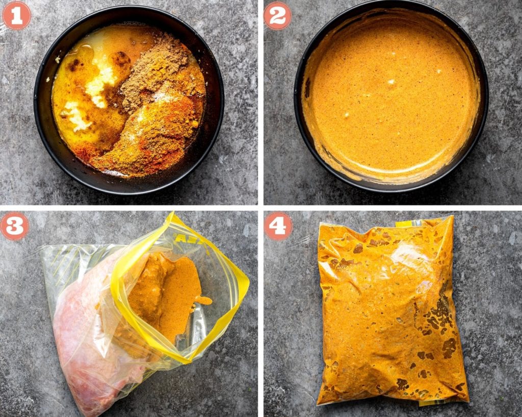 four step grid marinating turkey breast in tandoor spices