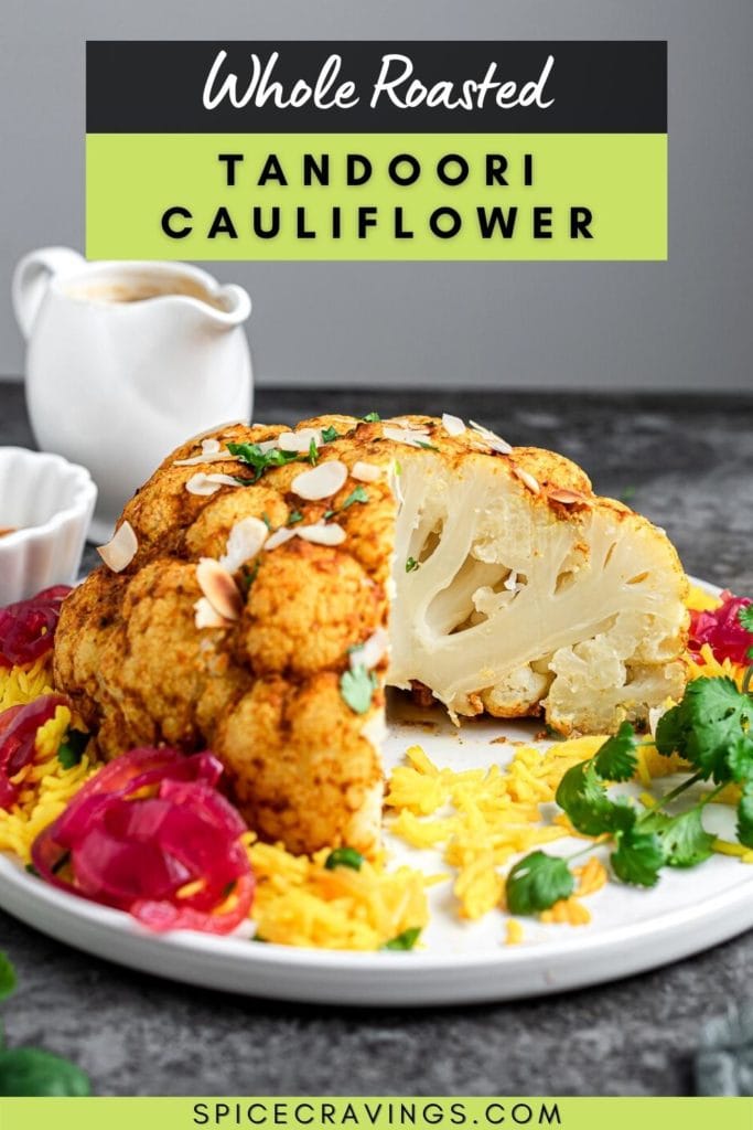 Cauliflower head image with title "Whole Roasted Tandoori Cauliflower"