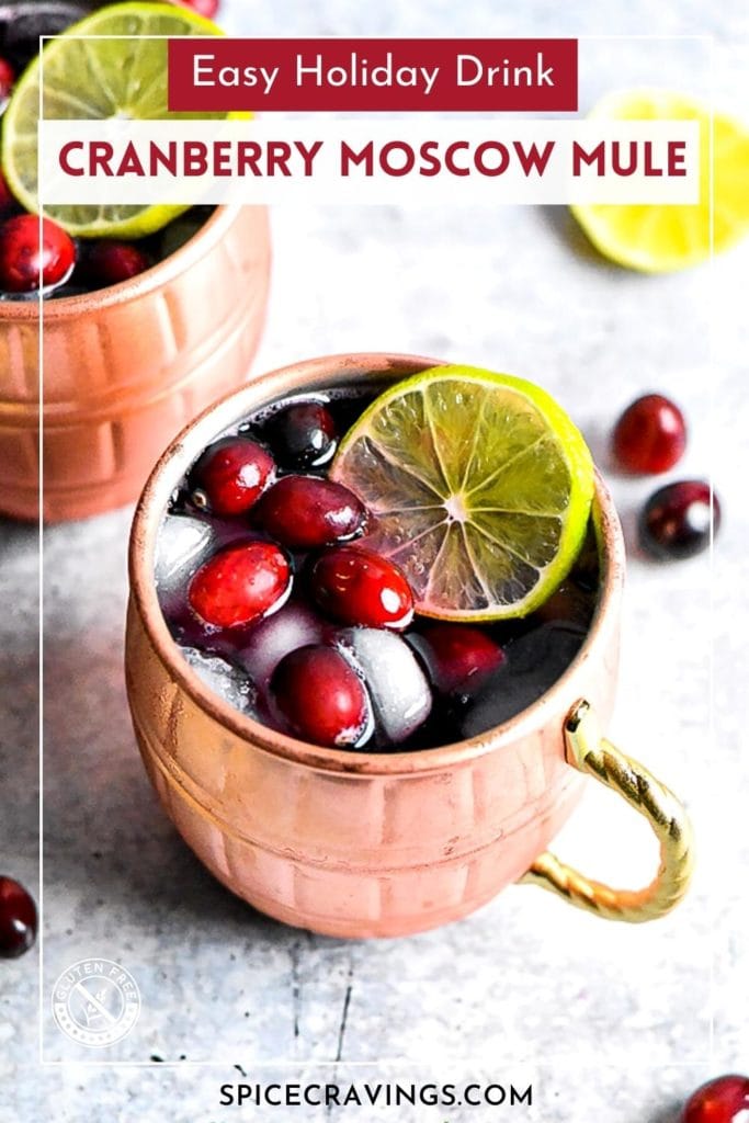 Copper mug with cranberry moscow mule garnished with cranberries and lime slice