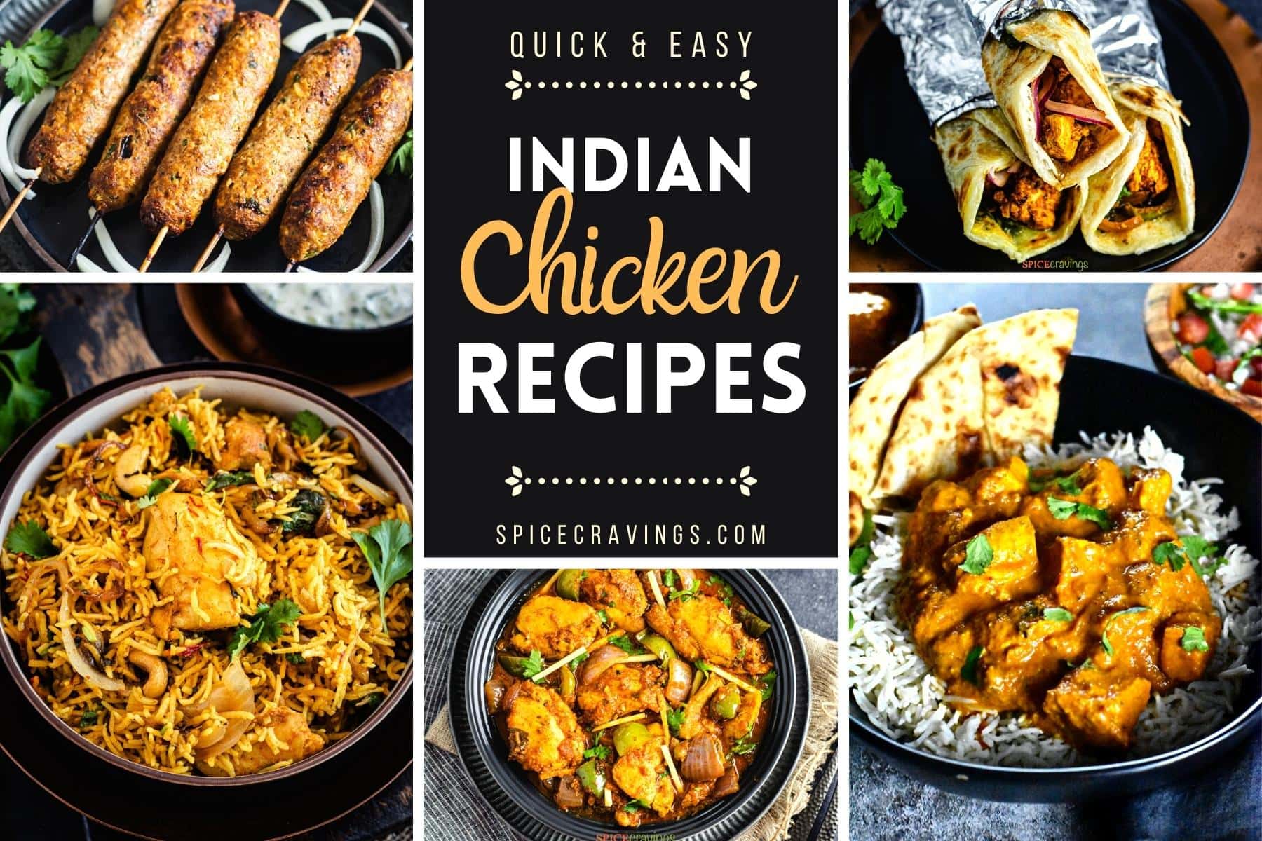 5-image grid of chicken recipes with title: Indian Chicken Recipes