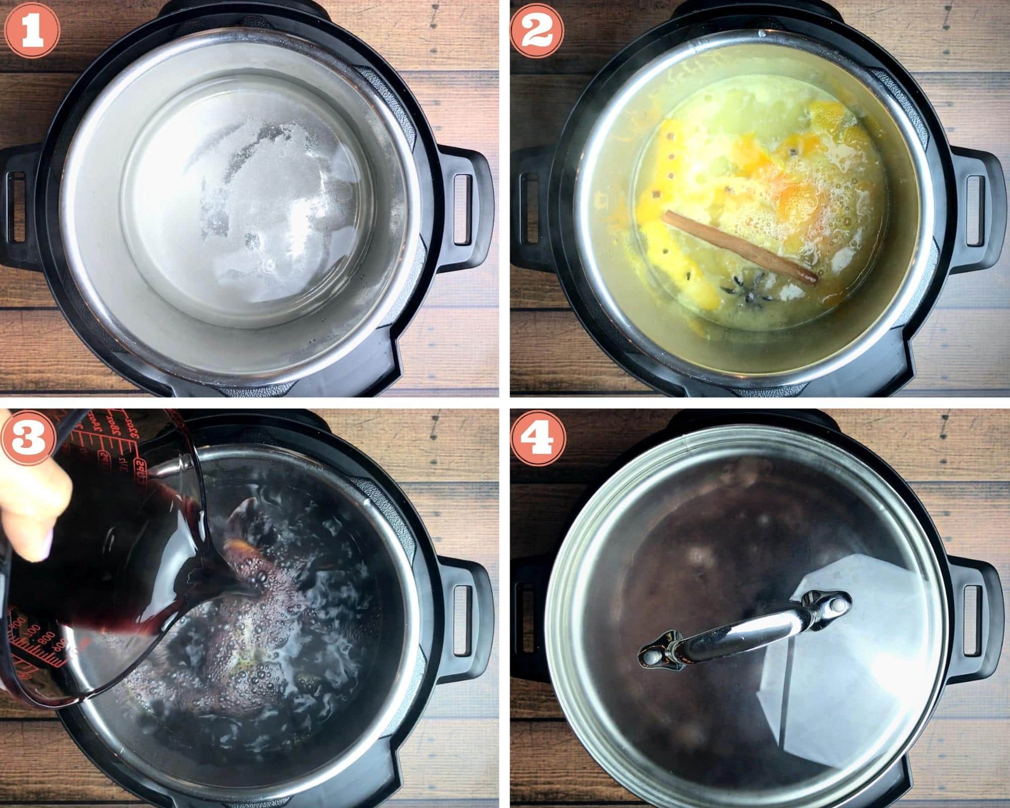 four process shots of mulled wine being made in the instant pot