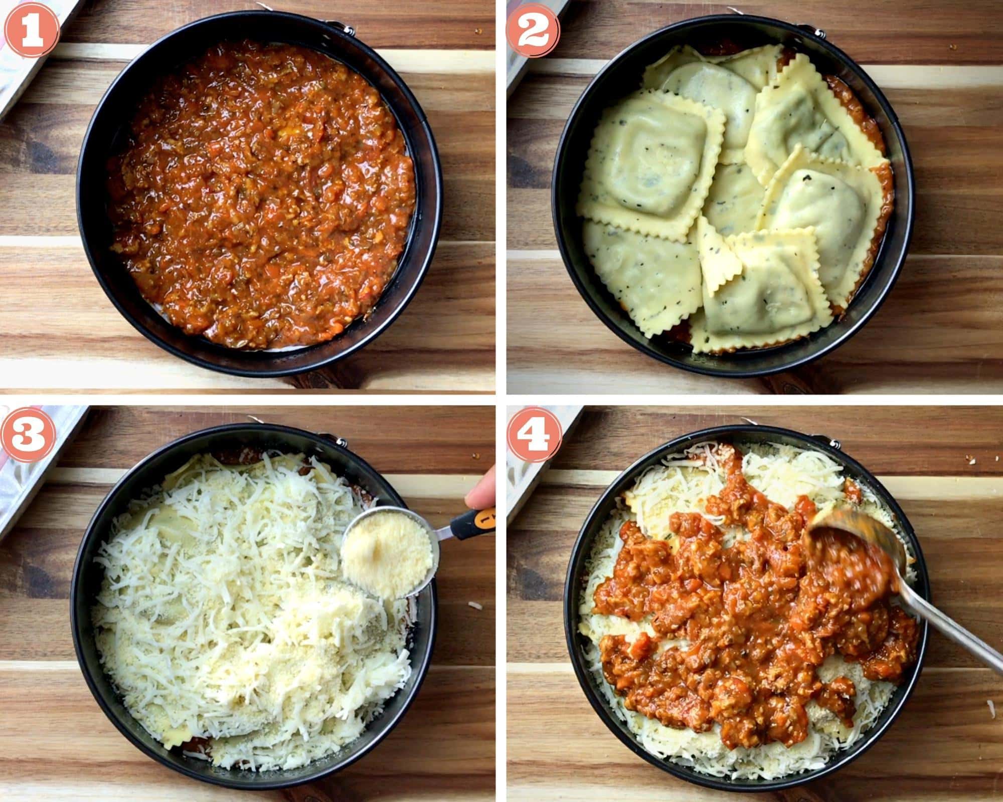 four step grid assembling ravioli lasagna in springform pan