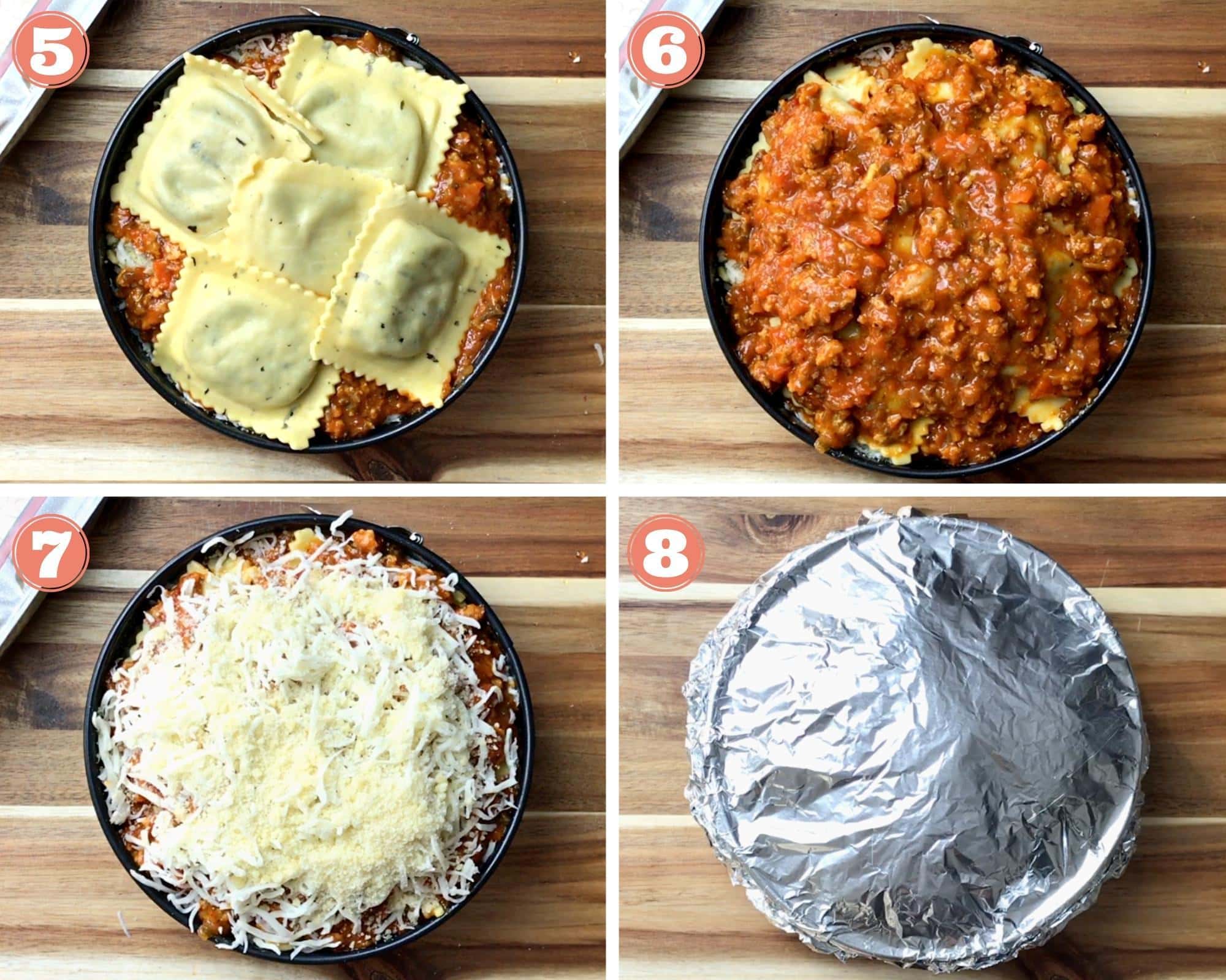 four step grid finishing lasagna with ravioli in springform pan