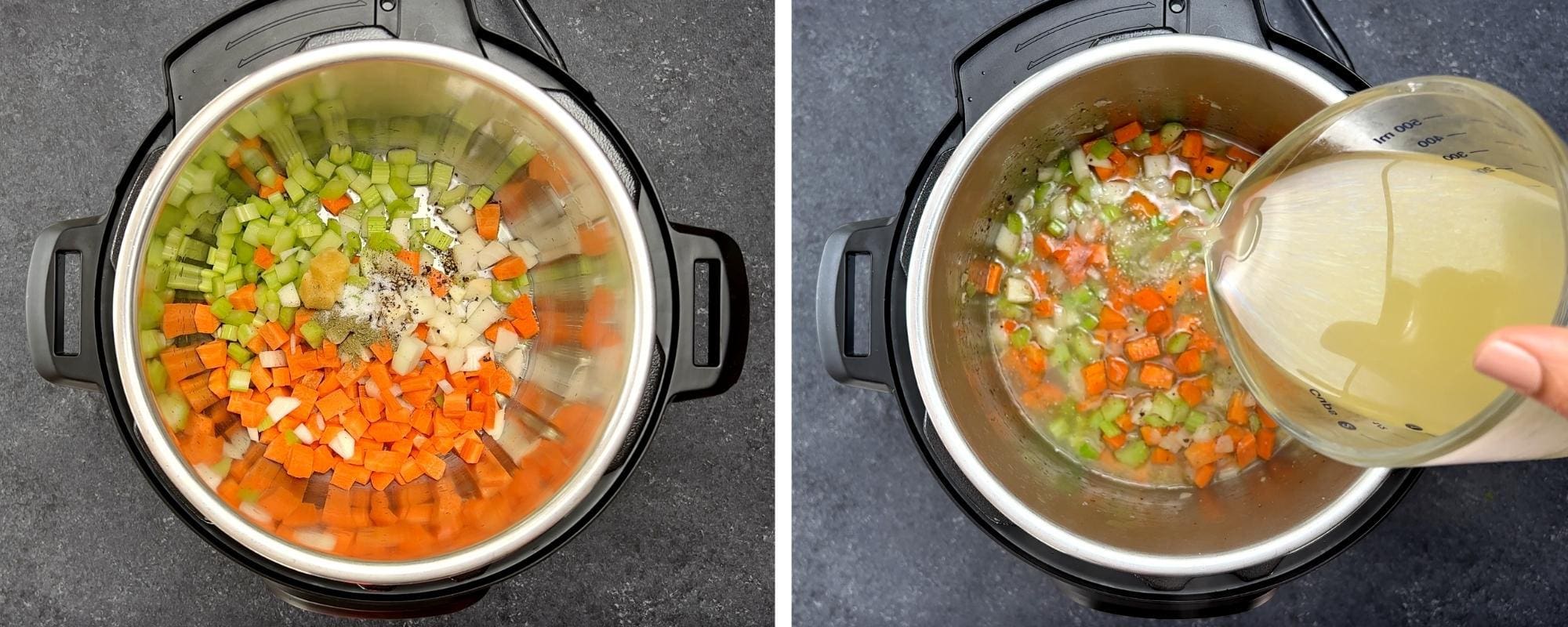 veggies being cooked in broth in the instant pot for lemon orzo soup