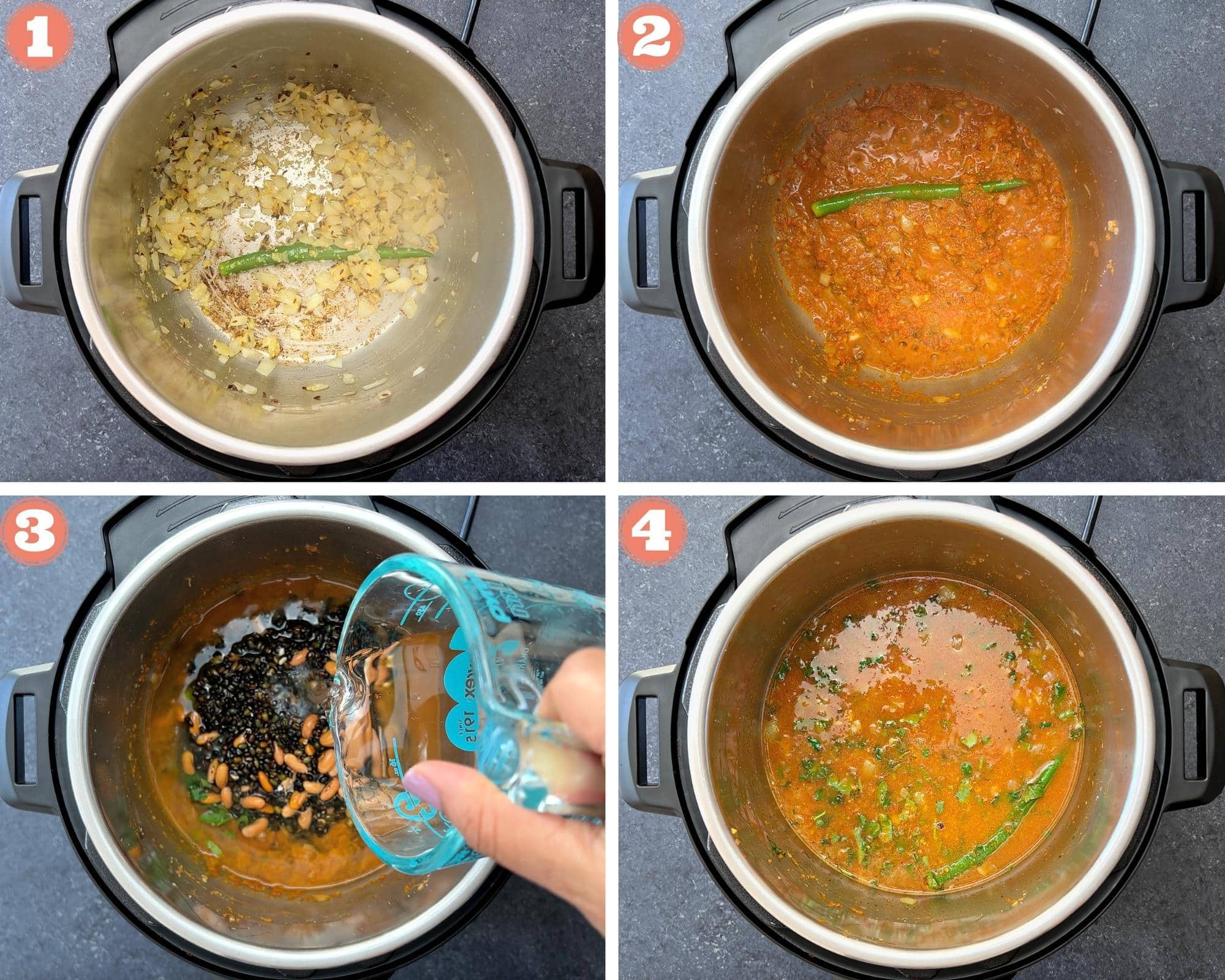 four step grid preparing dal makhani in instant pot