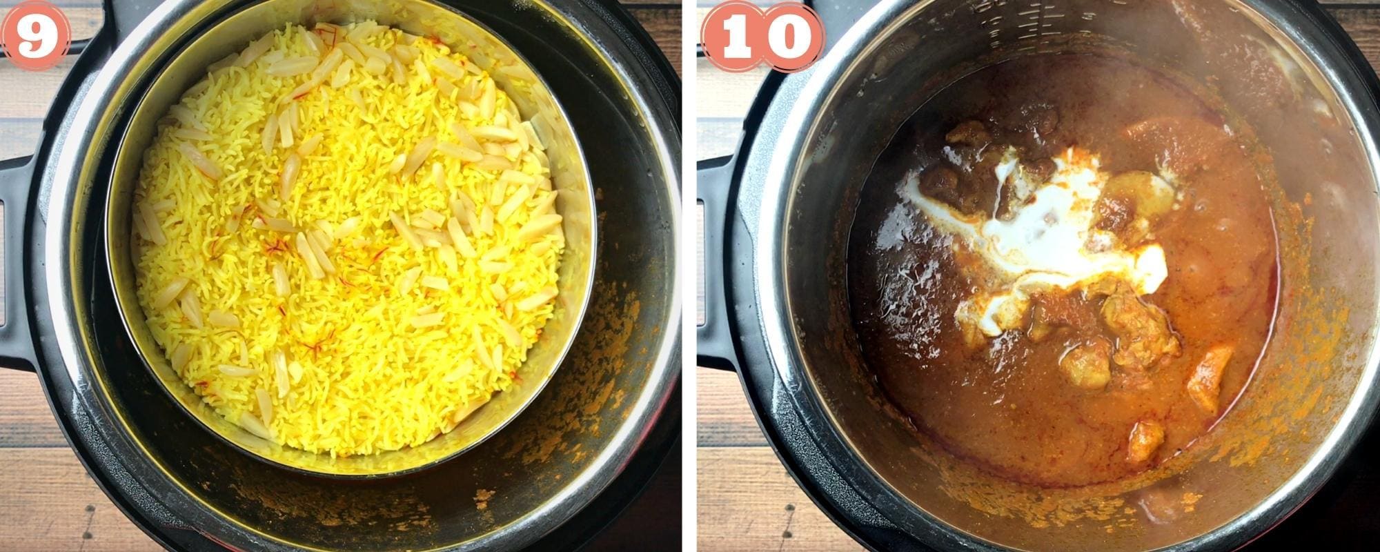 two in process images of saffron rice and butter chicken in the instant pot