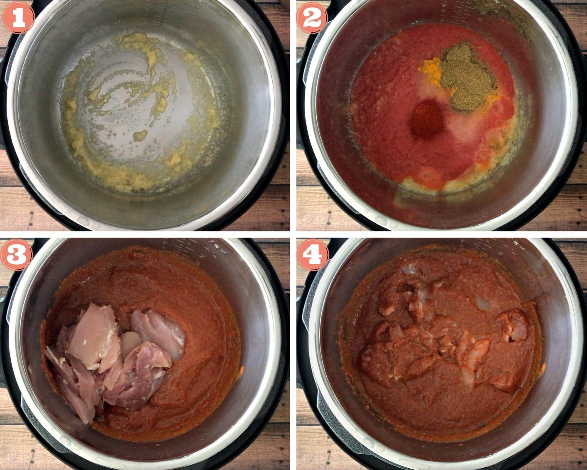 four in process images of butter chicken being prepped in the instant pot