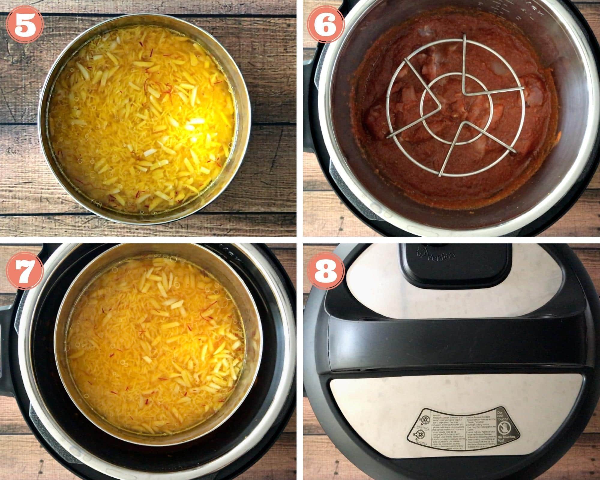 four in process images of butter chicken with saffron rice in the instant pot