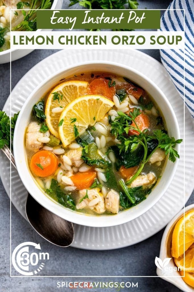 bowl of lemon chicken orzo soup titled "Easy Instant Pot Lemon Chicken Orzo Soup"