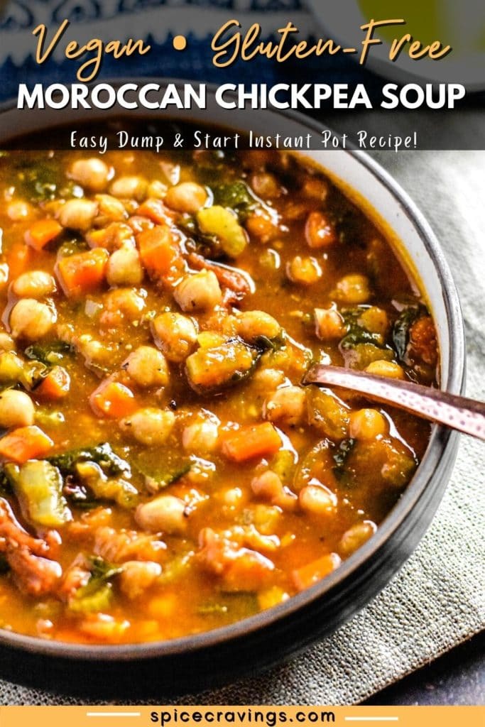 Bowl of moroccan chickpea soup with spinach and carrots