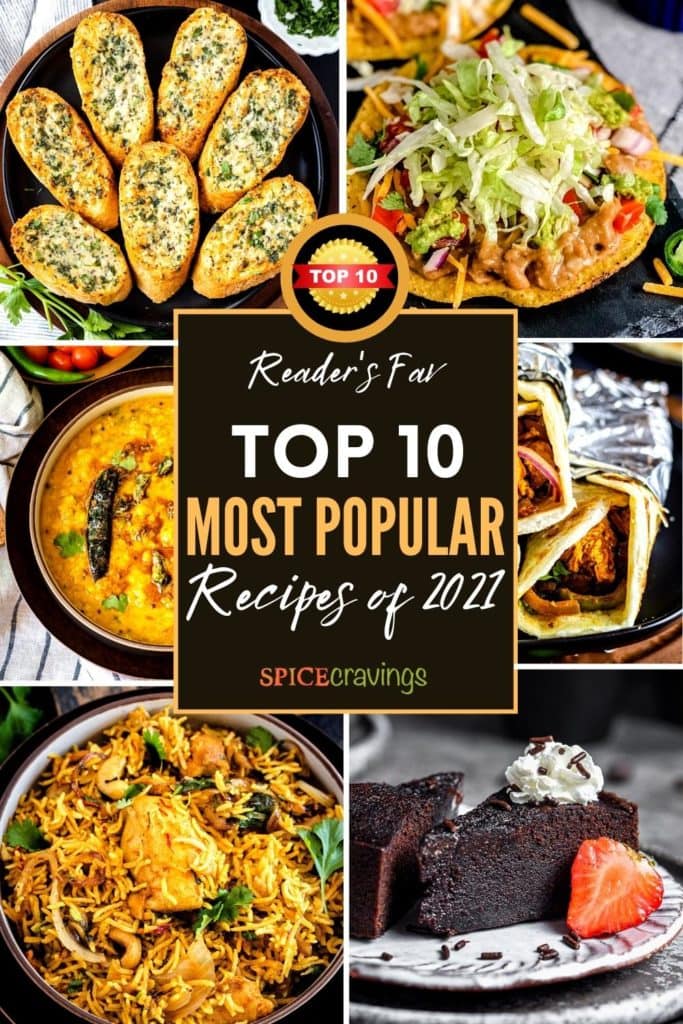 6-image grid of top 10 recipes including curry, rice, wraps and dessert