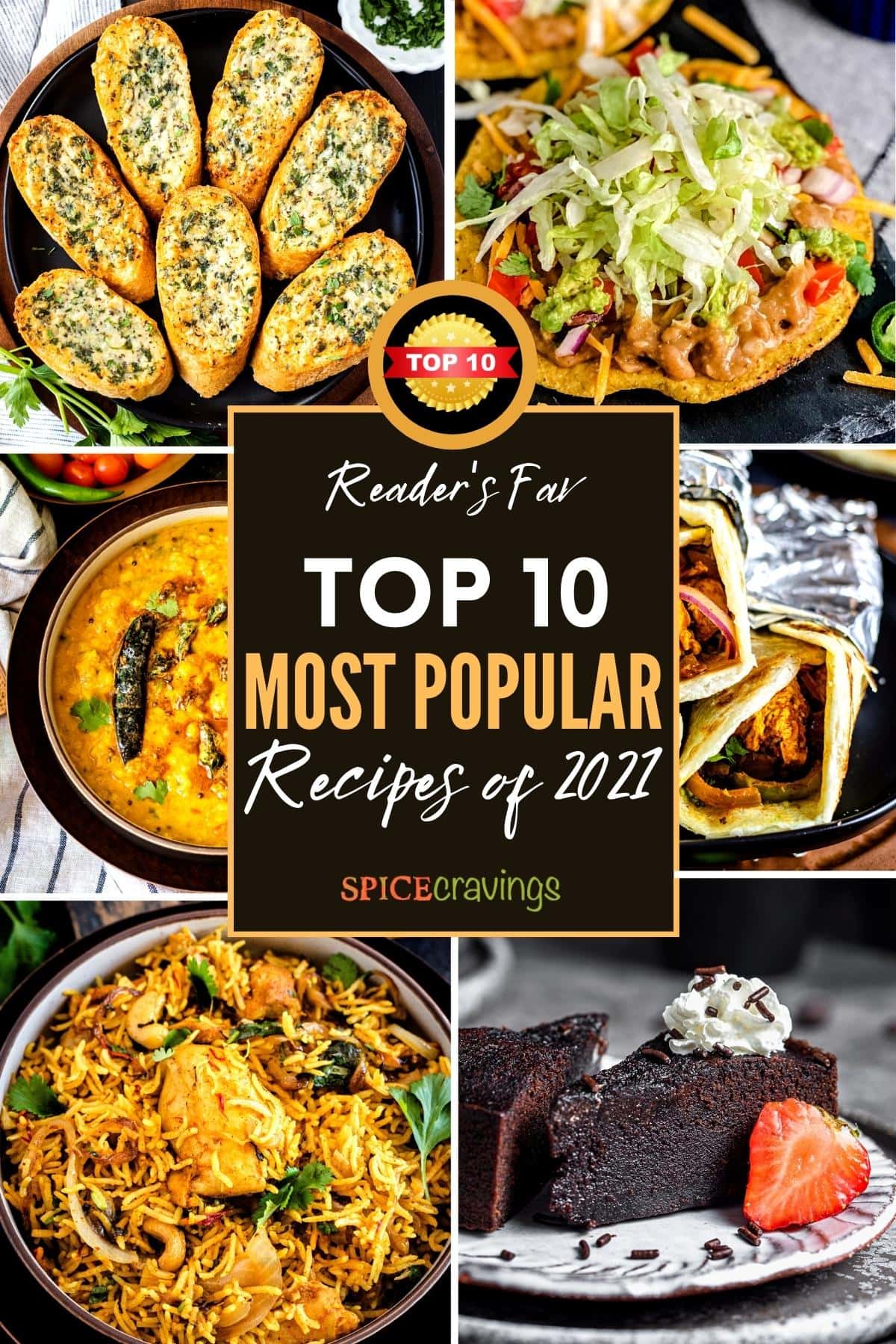 6-image grid of top 10 recipes including curry, rice, wraps and dessert