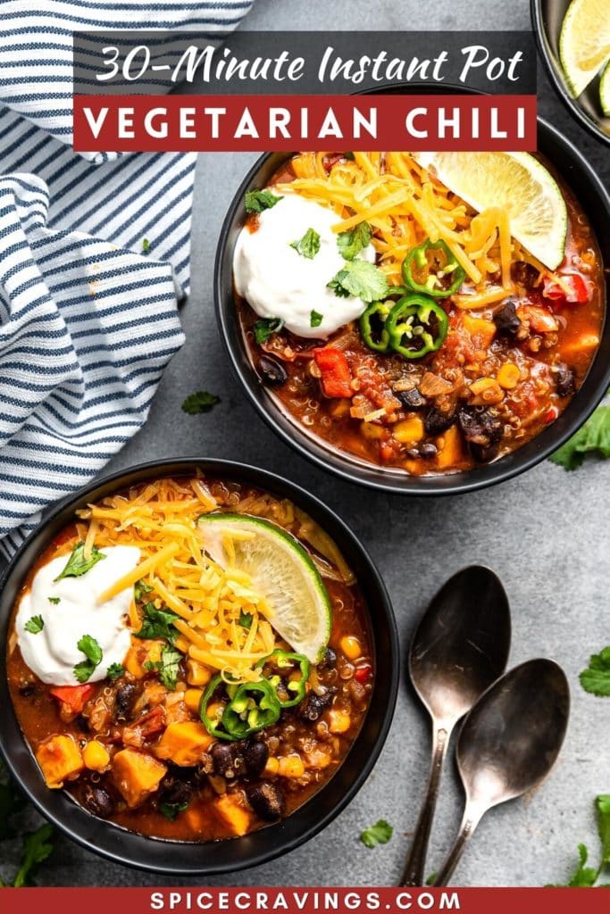 picture of two bowls of vegetarian chili titled "30-Minute Instant Pot Vegetarian Chili"