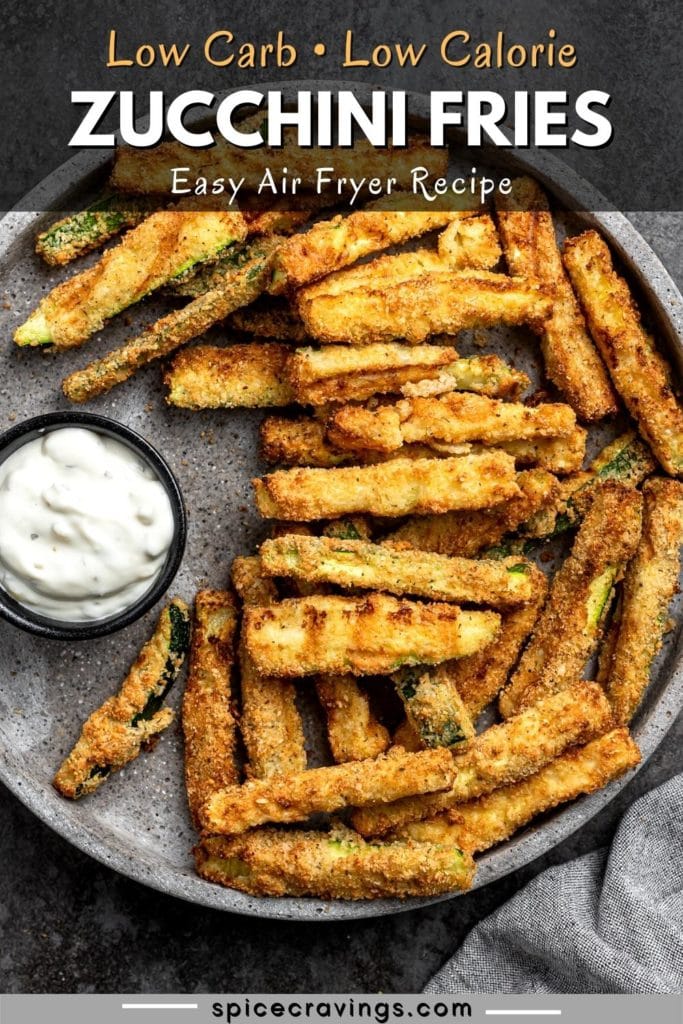 zucchini fries on large platter with tartar sauce on the side