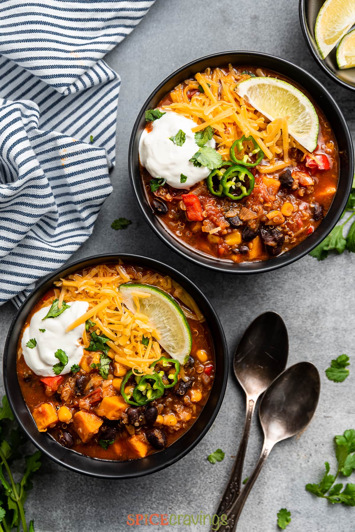 overhead of two bowls of instant pot vegetarian chili