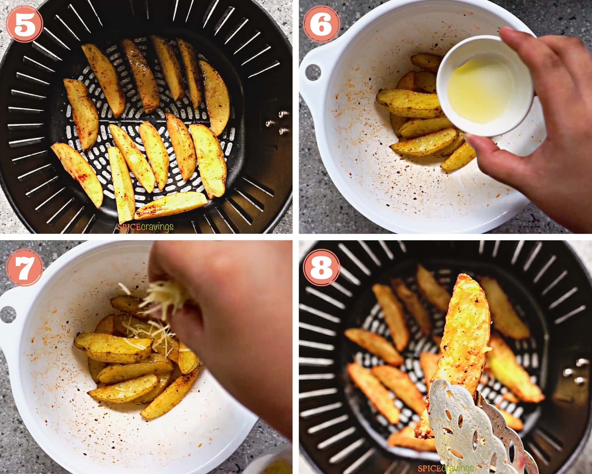 step by step images of potato wedges being cooked in the air fryer
