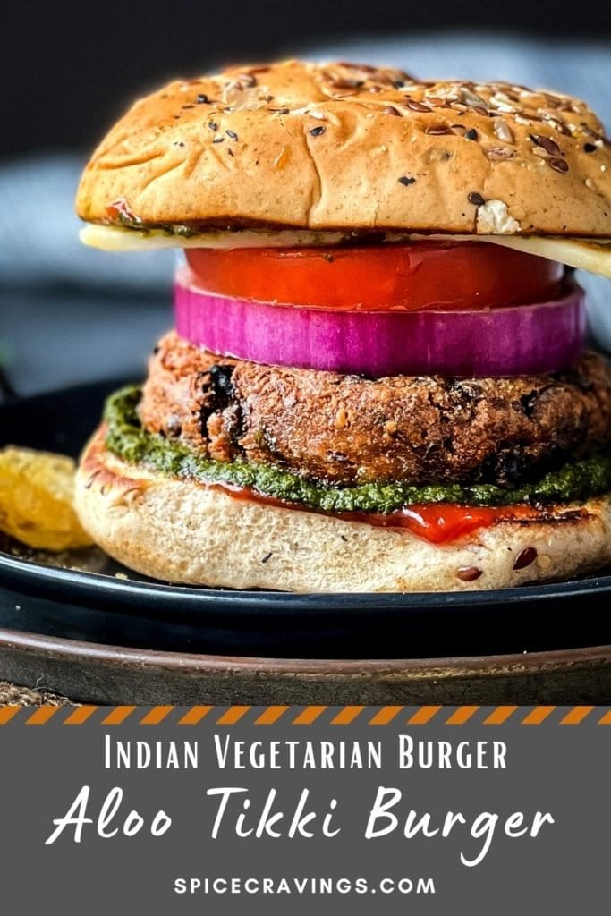 picture of aloo tikki burger titled "Indian Vegetarian Burger. Aloo Tikki Burger"