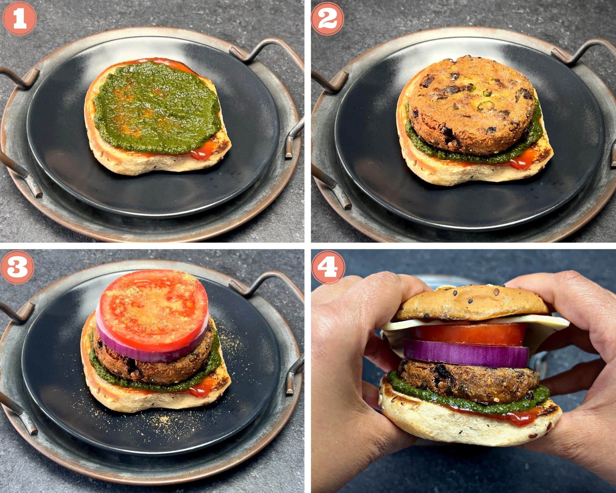 step by step images of an aloo tikki potato patty being layered onto a toasted bun with chutney, ketchup, and burger toppings
