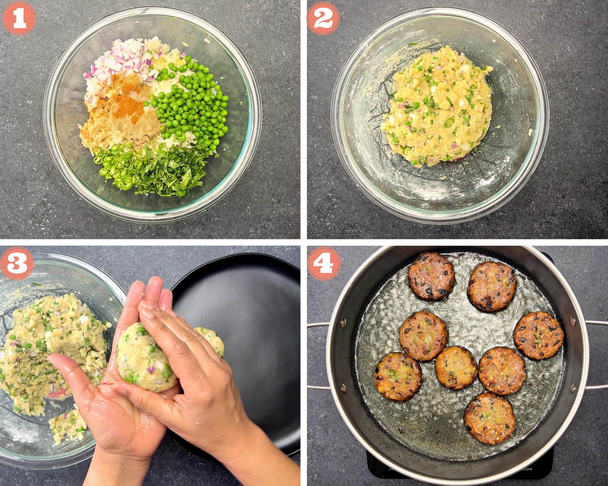 Steps 1-4 showing how to bind, shape, and fry potato patties called tikki