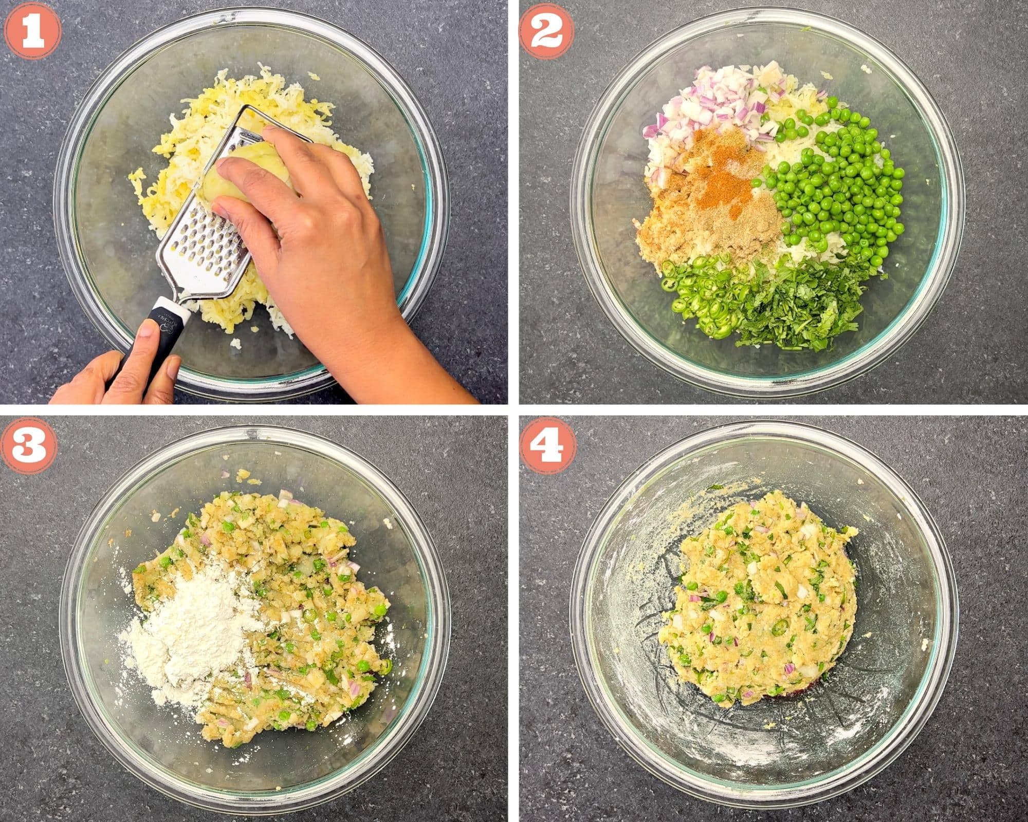steps 1-4 of making aloo tikki patties in a mixing bowl