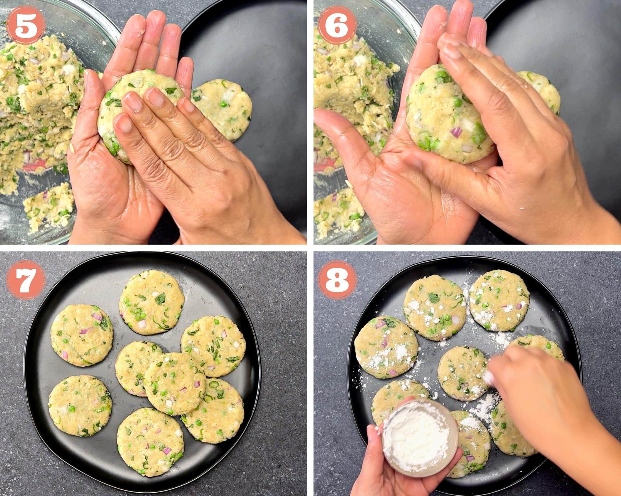 steps 5-8 of aloo tikki being formed into patties and coated with cornstarch