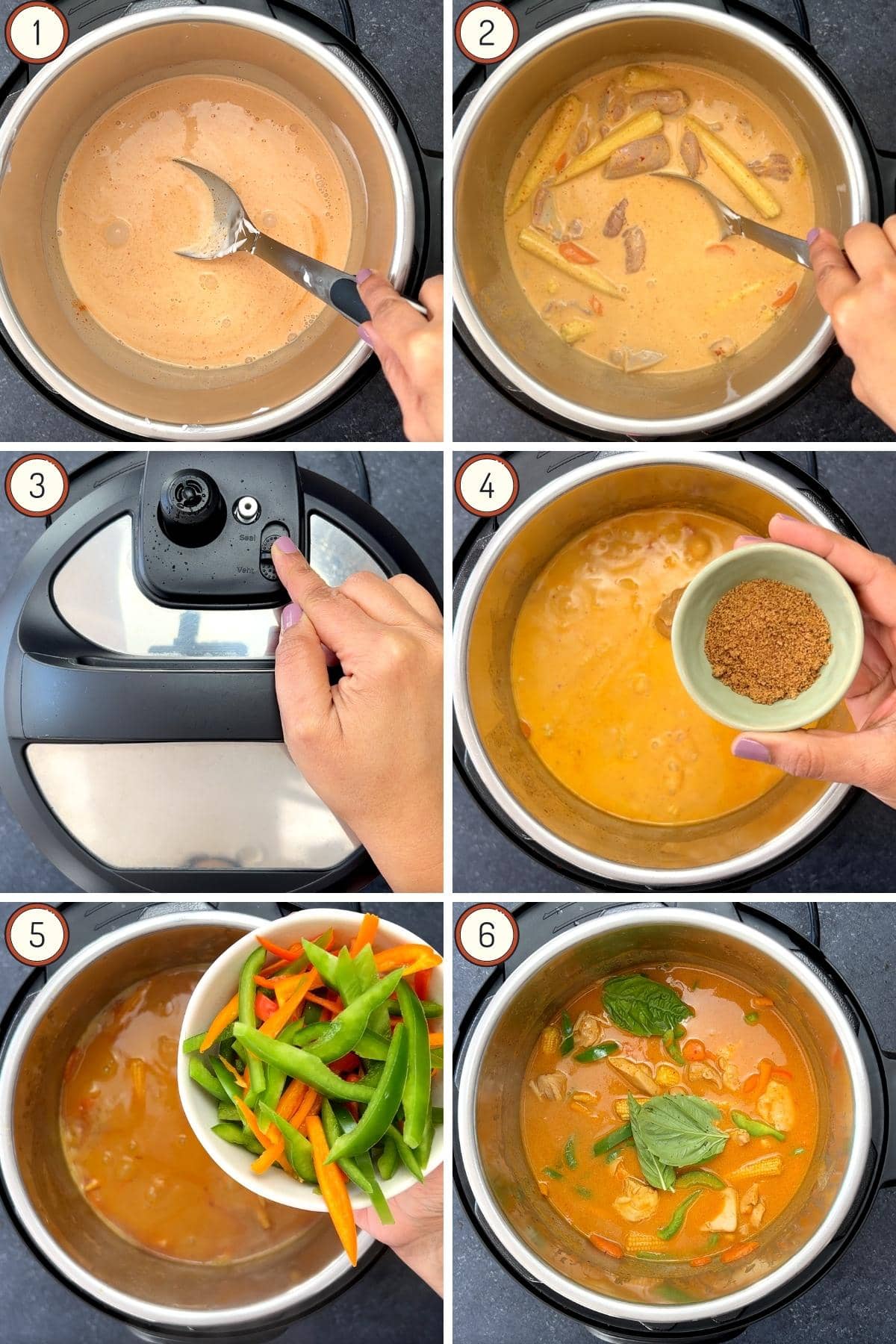 six step grid making chicken panang curry in Instant Pot