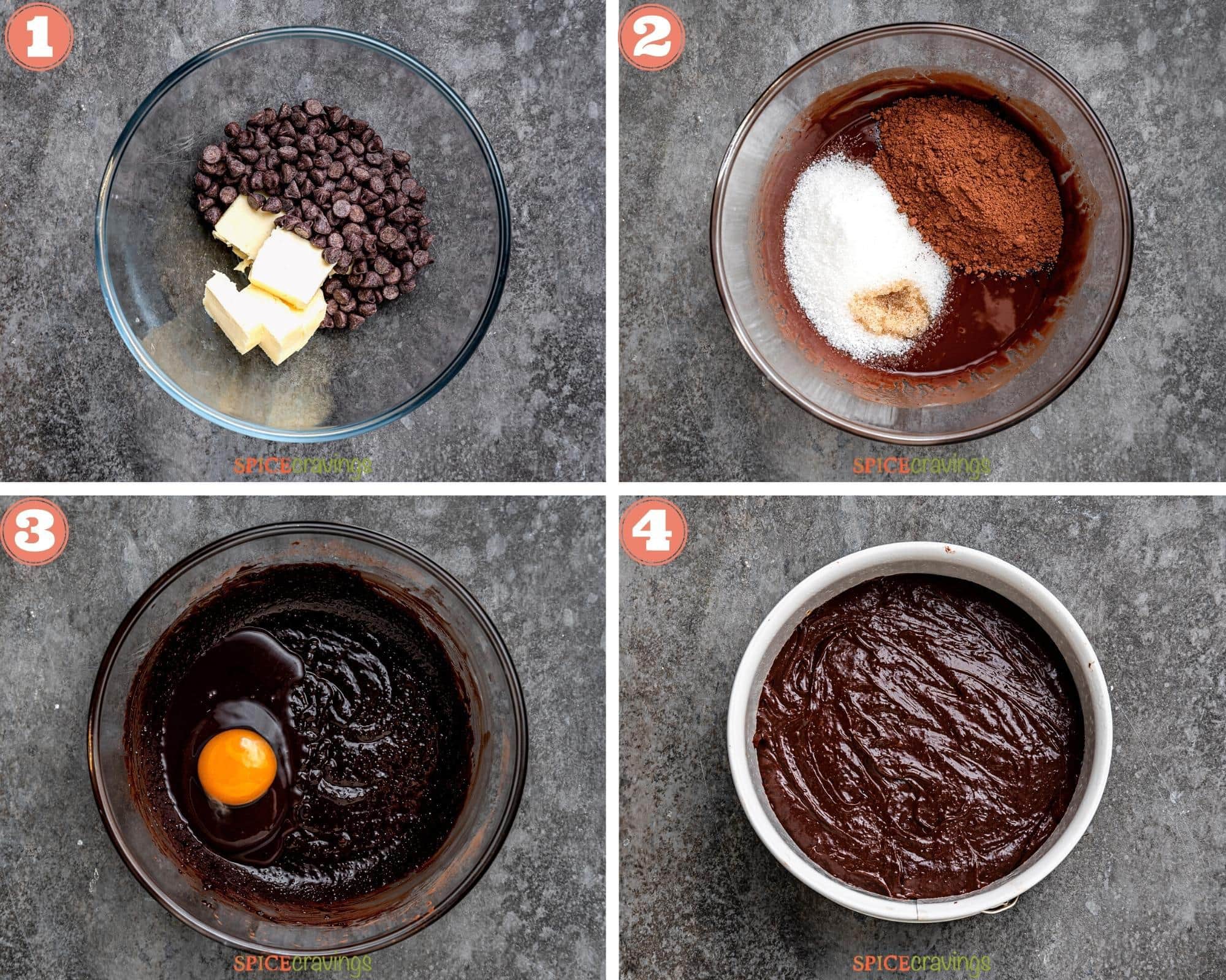 four step grid mixing flourless chocolate cake batter