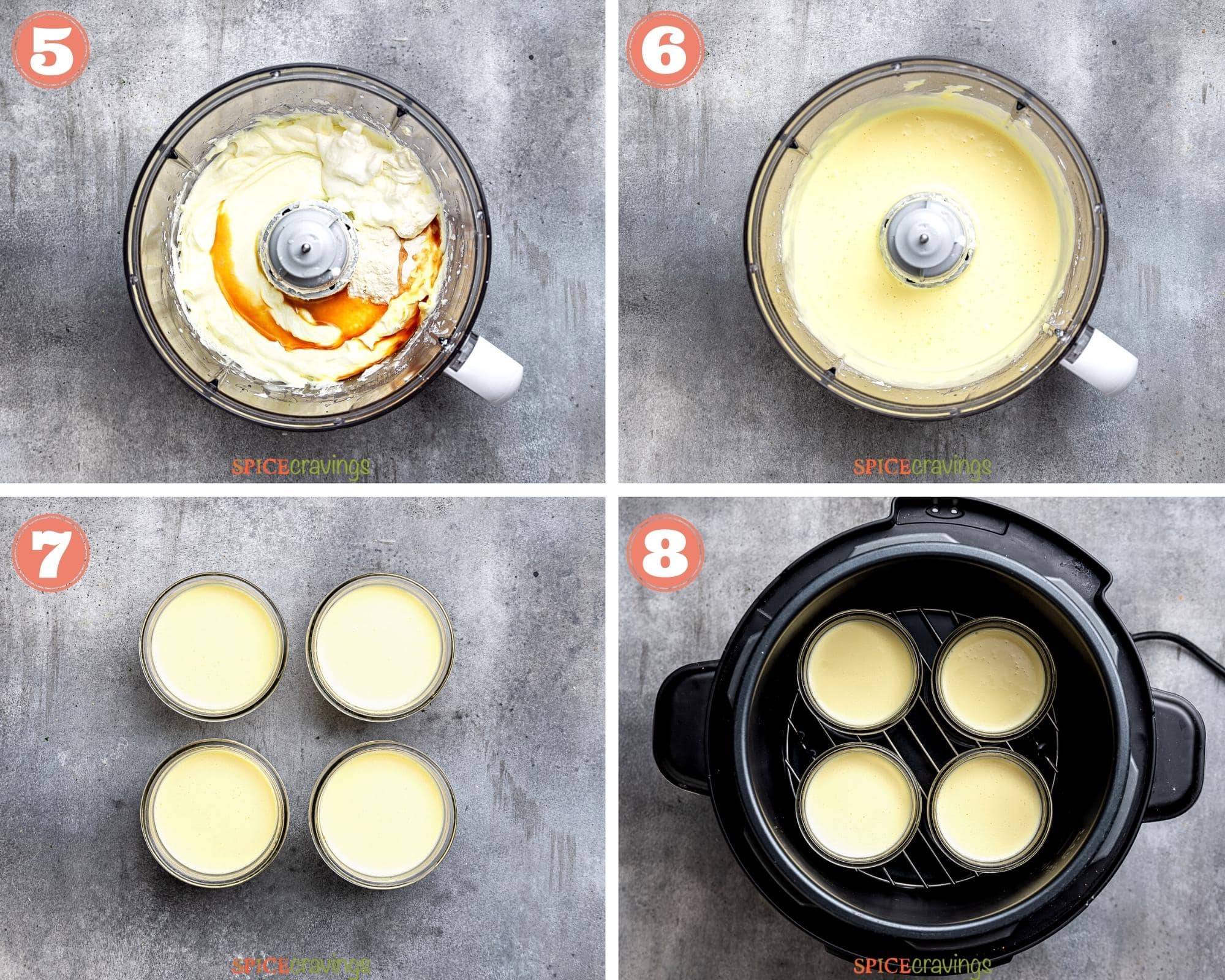 four in process images of cheesecake filling being blended, then poured into jars