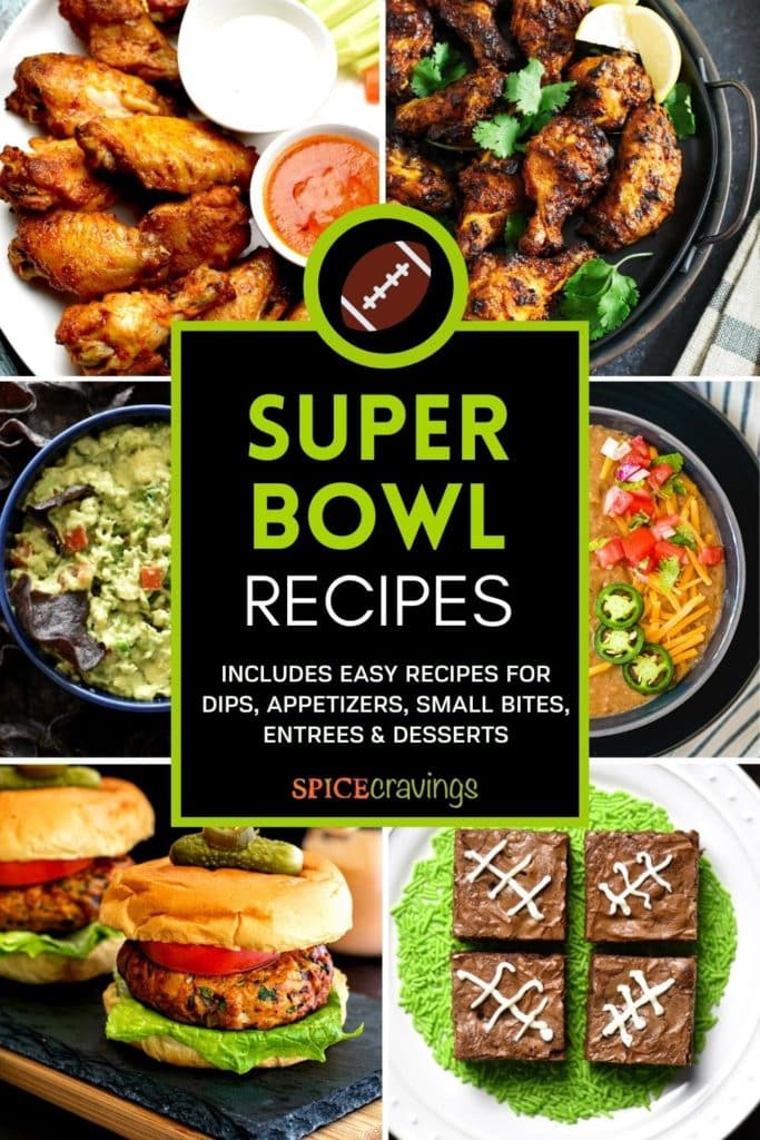 Collage of game day recipes including wings, guacamole, chili and burger