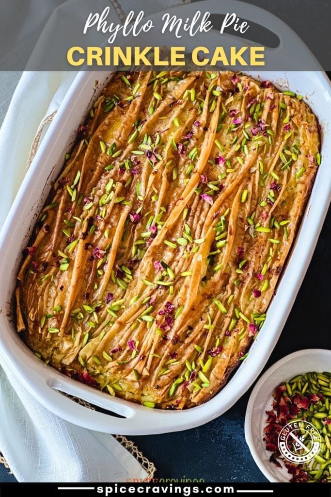 Phyllo dough milk cake topped with nuts and rose petals