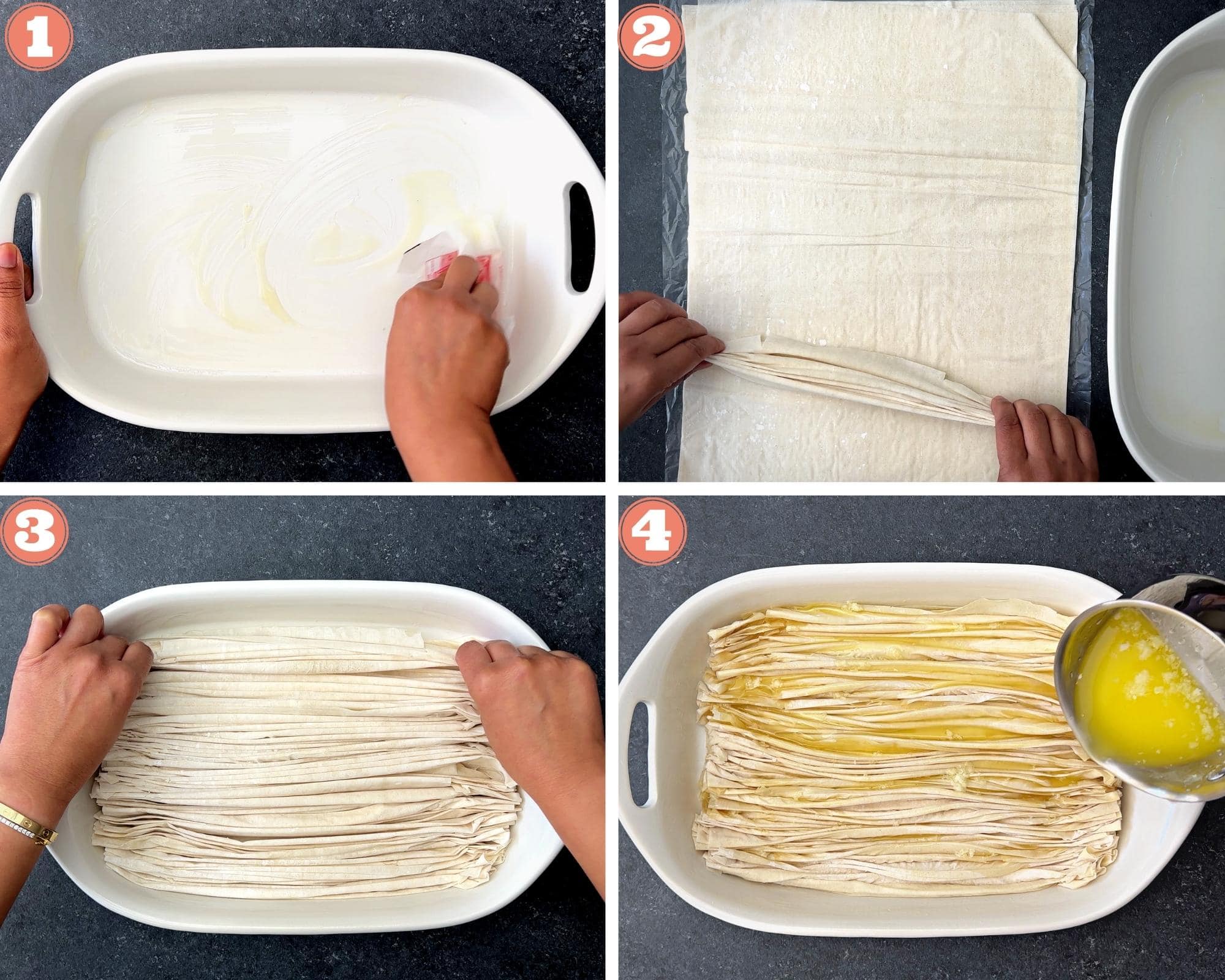 Steps 1-4 showing buttering, crinkling and baking phyllo sheets in pan