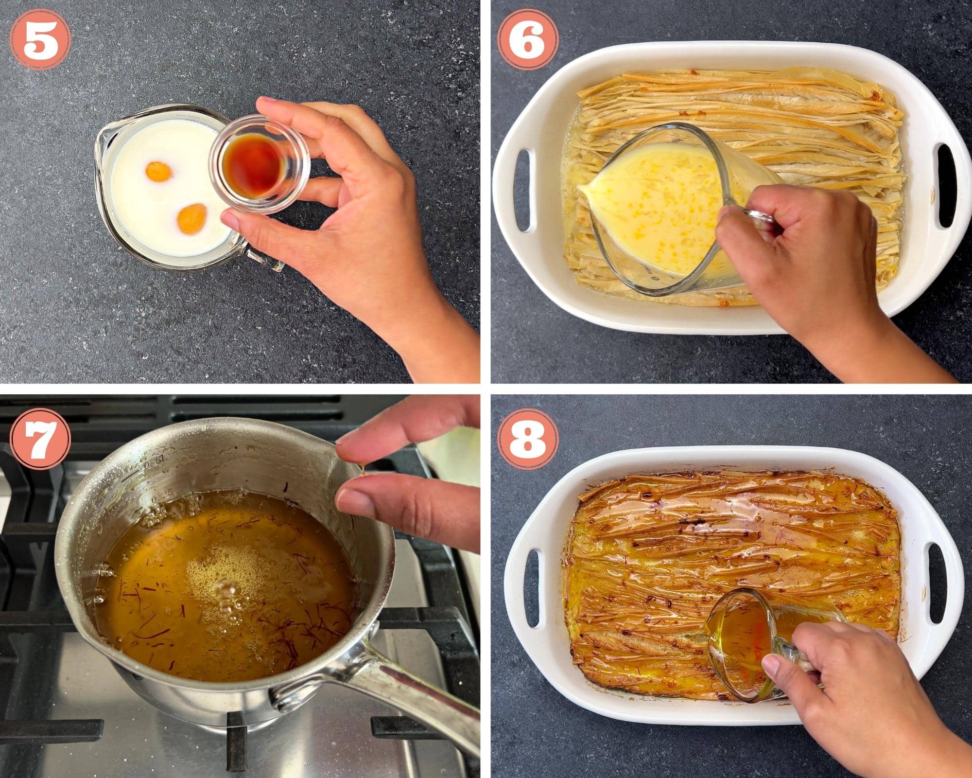 Steps 5-8 showing pouring custard, baking then topping crinkle cake