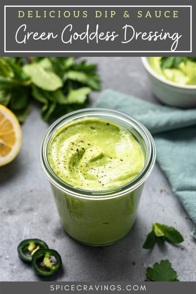 easy green goddess salad dressing in glass jar