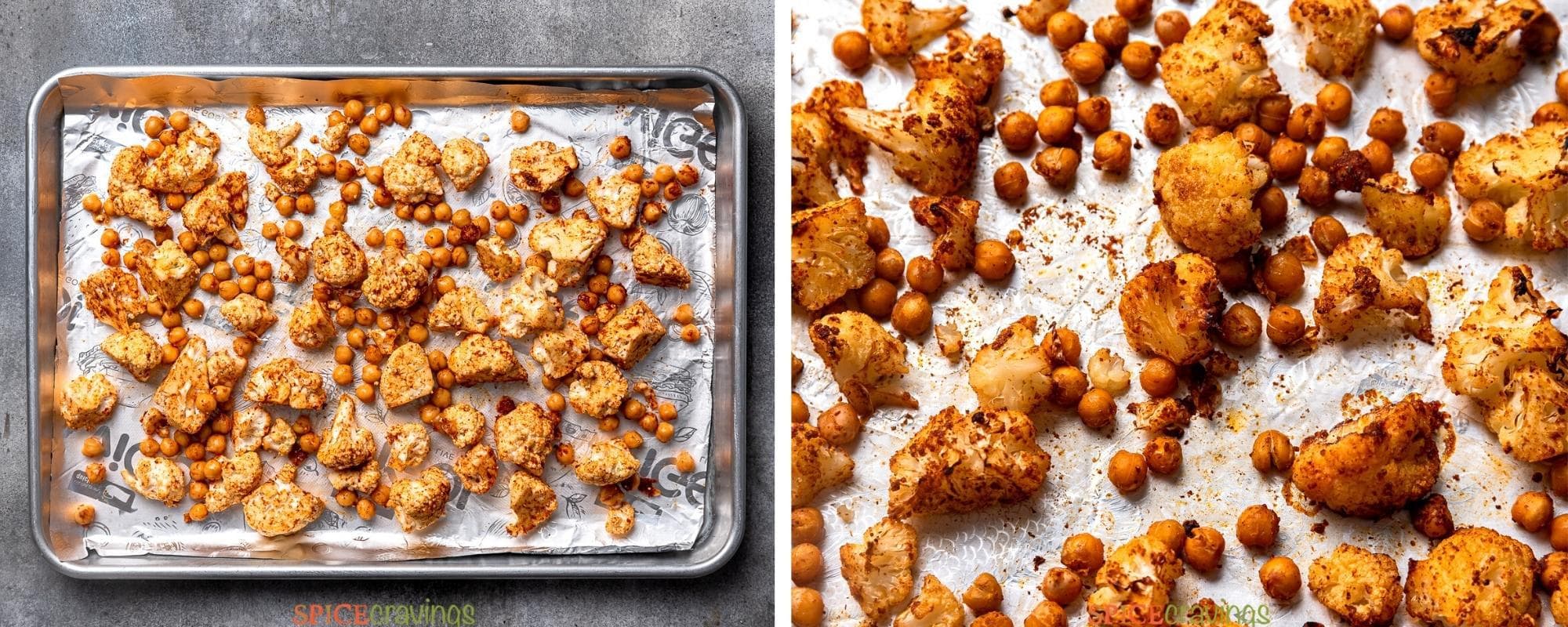 two step grid baking spiced cauliflower and chickpeas on baking sheet